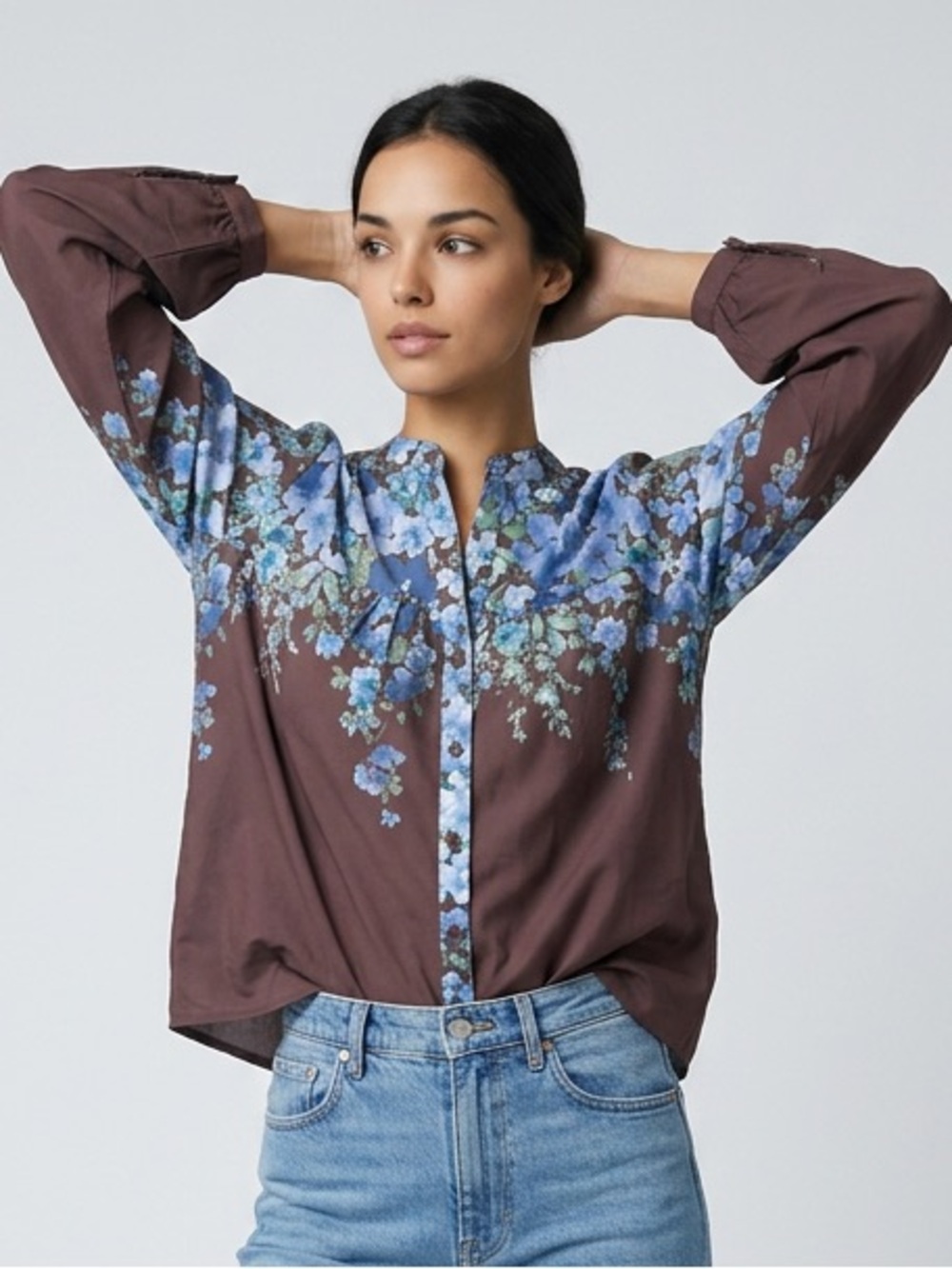 NWOT A.K.A Posh Brown Blouse with Blue Floral Print Size M